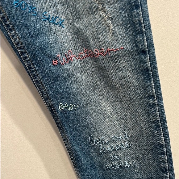 Supertrash embroidered Y2K message Blue Skinny Jeans women’s 30 nwot - Picture 4 of 7